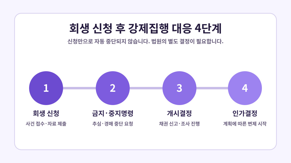 회생 신청 후 가압류·경매 강제집행 대응 4단계 인포그래픽